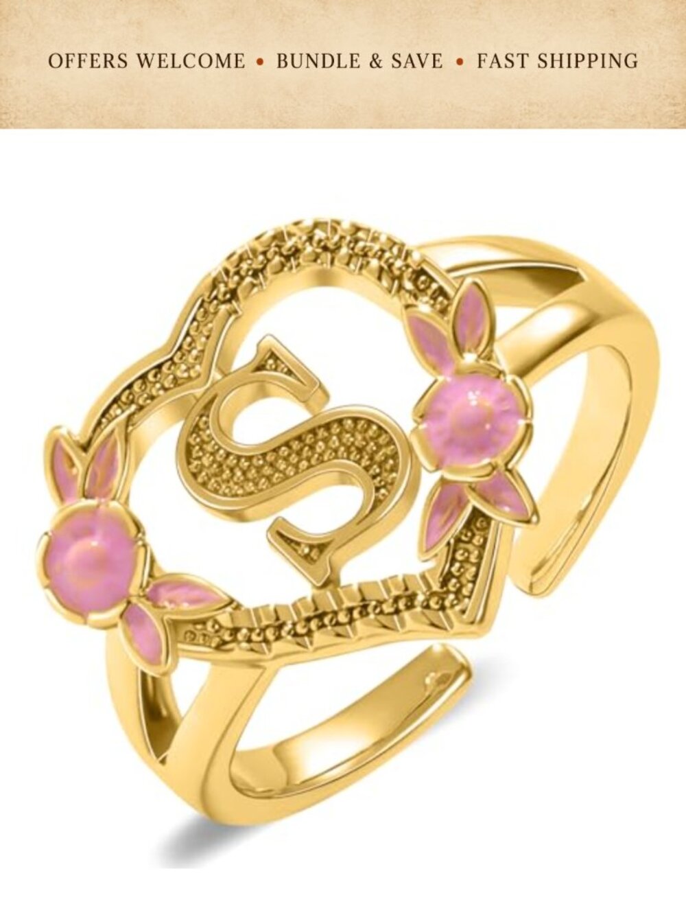 Gold Plated Initial Ring Adjustable Letter A-Z Stainless Steel Stacking Band